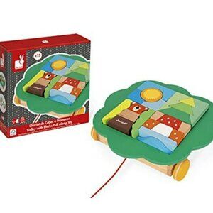 Janod Wooden Trolley with Blocks Pull  Along Toy Brand New